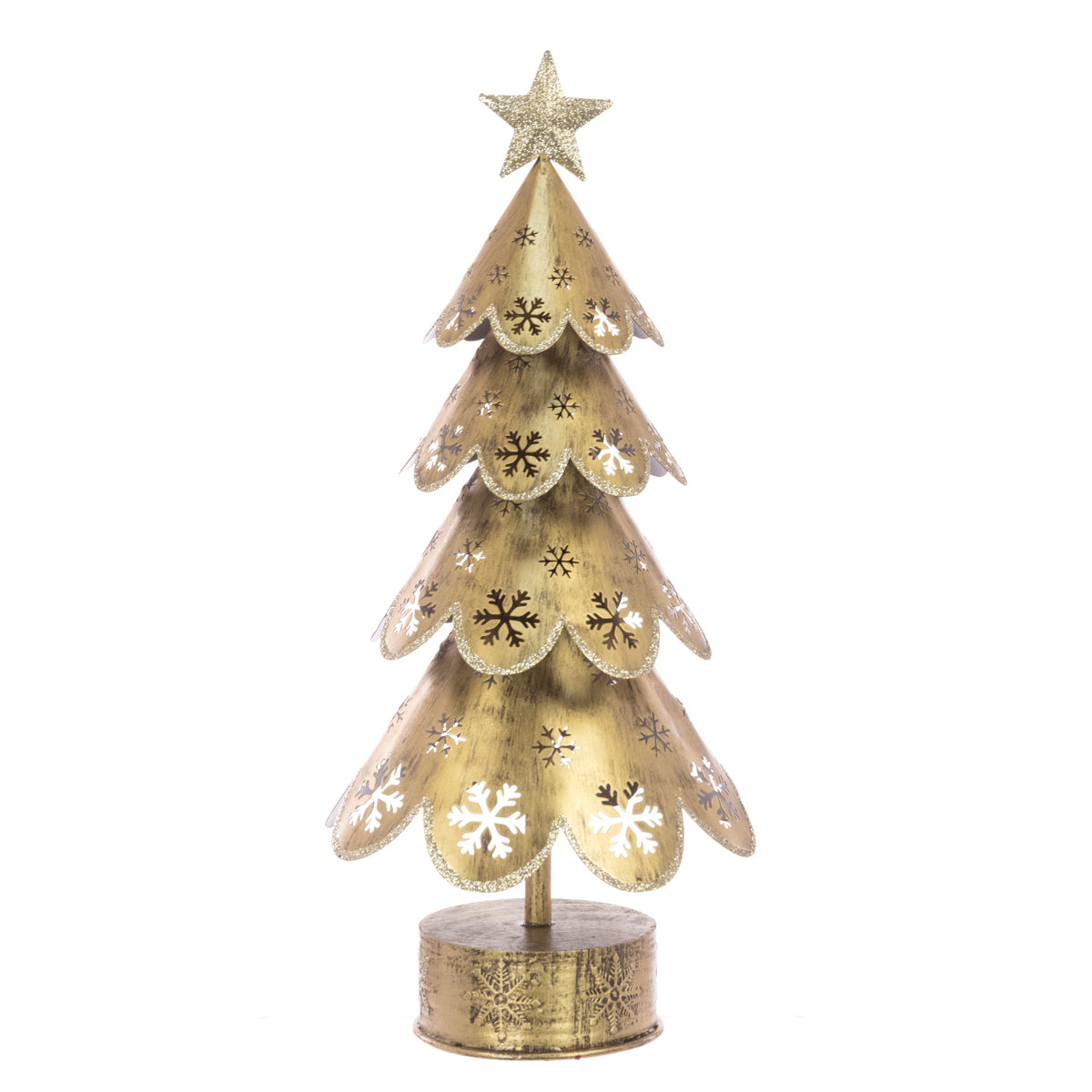 A gold-toned metal Christmas tree decoration 35cms with scalloped tiers, snowflake cutouts, and a glittery star on top, mounted on a round base against a plain white background.