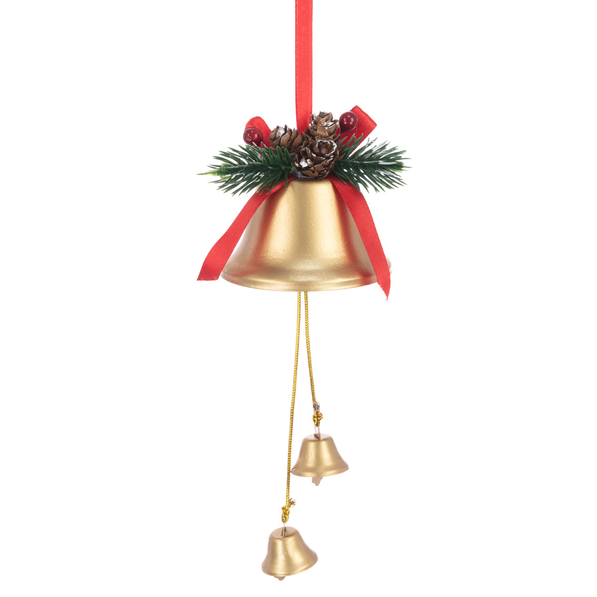 A gold Christmas bell ornament with a red ribbon, green pine branches, and small pinecones, featuring two dangling gold bells on a white background.