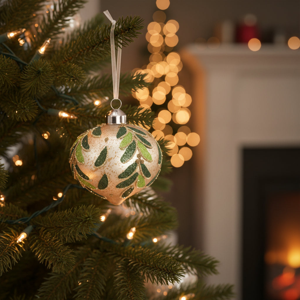 A spherical Christmas ornament with a textured, glittery champagne-gold finish, decorated with a pattern of green leaves and gold glitter accents, hanging from a white string.