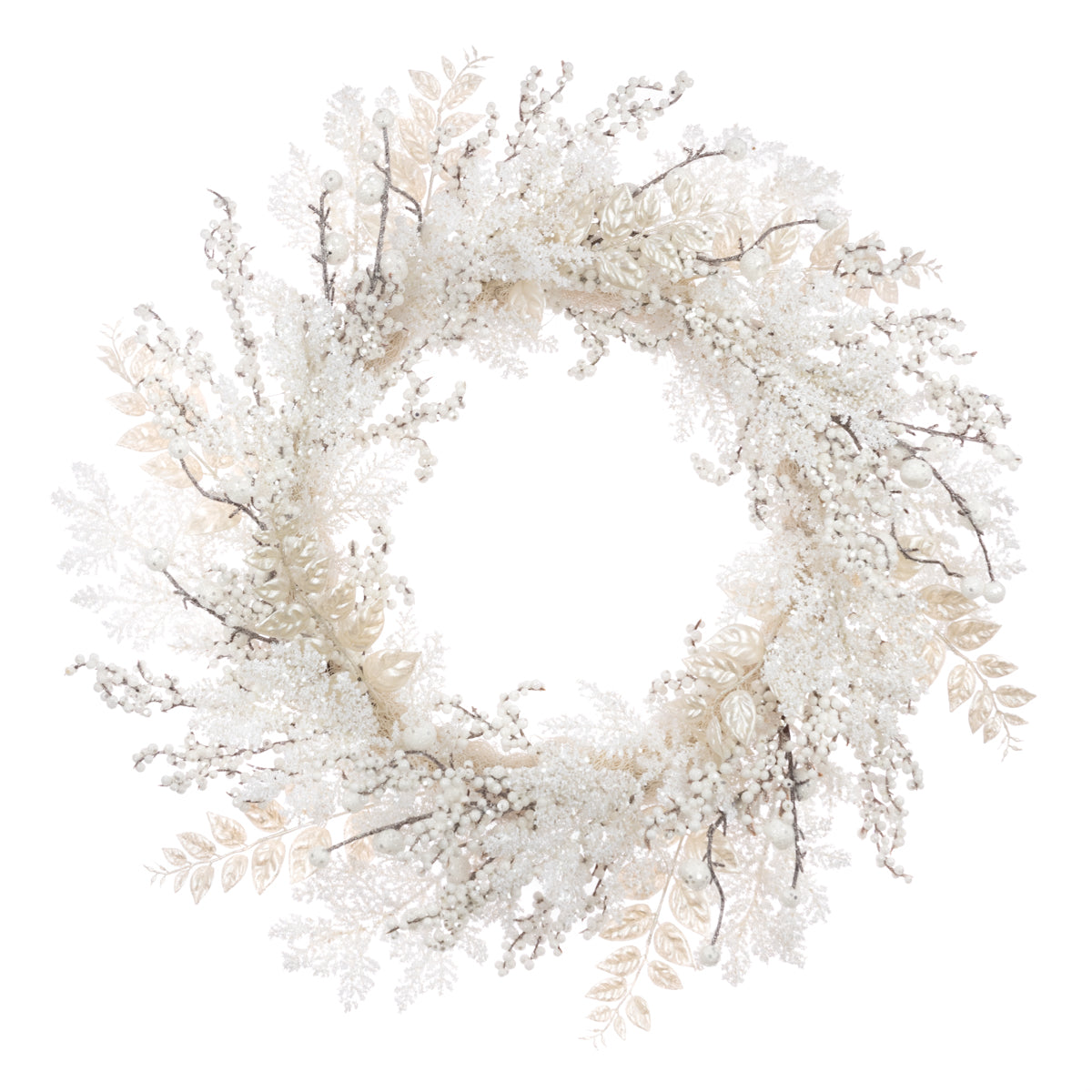 A circular holiday wreath decorated with white faux snow, delicate branches, and frosted leaves in soft cream and white tones, isolated on a white background.