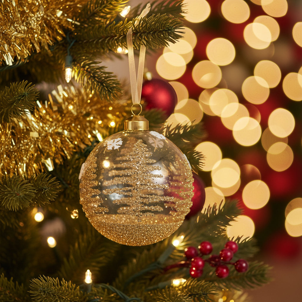 A clear glass Christmas ornament ball with a gold cap and hanging ribbon, decorated with gold glitter and tree silhouettes.