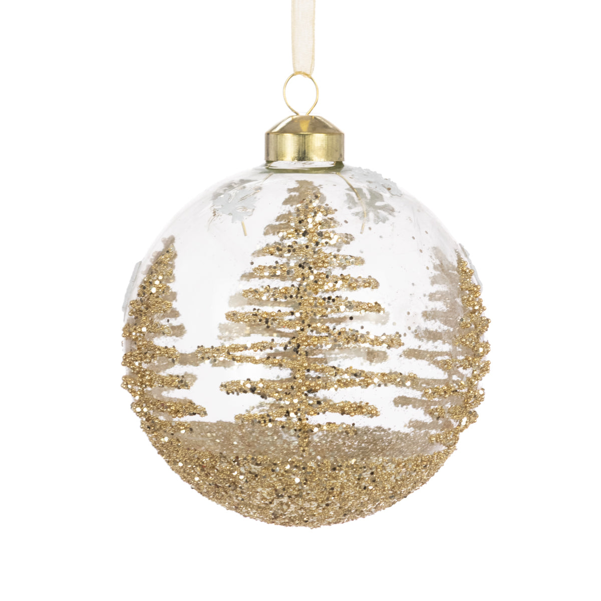 Clear Glass Brittany Christmas Bauble With Gold Trees