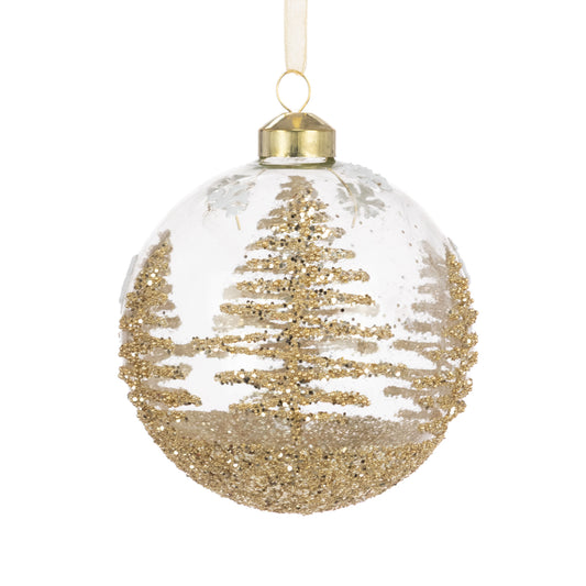 Clear Glass Brittany Christmas Bauble With Gold Trees