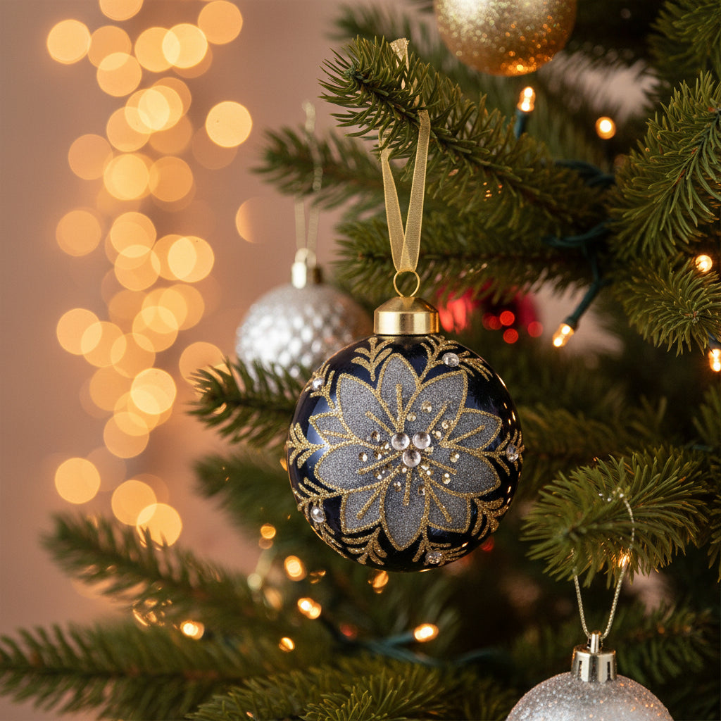 A round glass Christmas ornament with a deep navy blue background, featuring a glittery silver and gold floral design, small clear rhinestones, and a gold cap with a cream ribbon hanging loop.