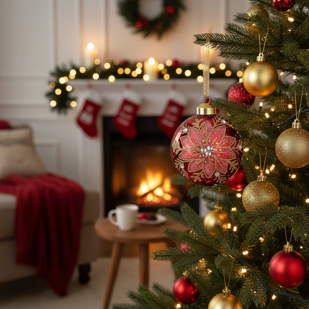 A round red glass Christmas ornament with a gold metallic floral design, silver rhinestones, and a gold cap with a hanging ribbon loop, shown on a plain white background.