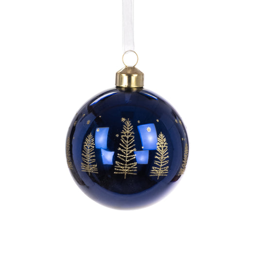 Julianna Glass Blue Christmas Bauble with Gold Glitter Trees