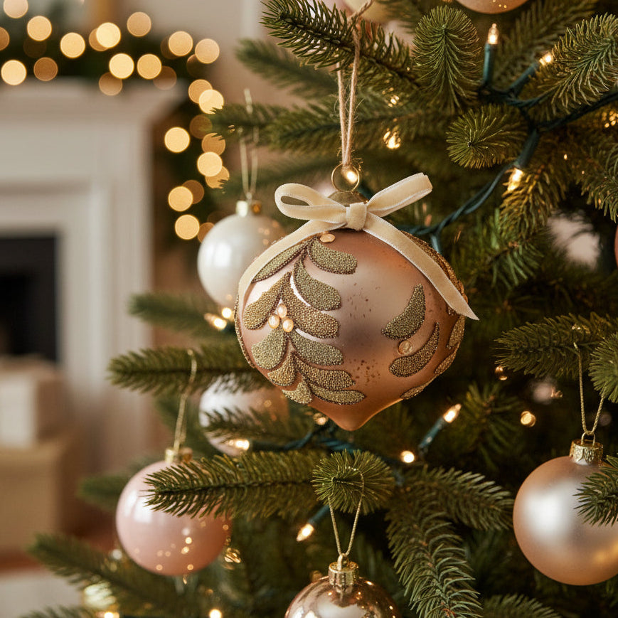 A close-up of a decorated Christmas tree with a metallic rose gold ornament featuring a gold mistletoom design and a cream ribbon bow, with warm string lights and other holiday ornaments in the background.