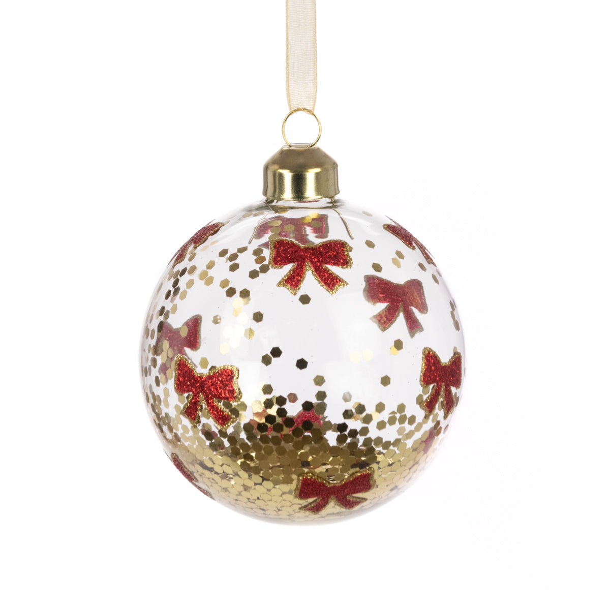 Decorative Christmas ball ornament with red bows and gold confetti on a white background