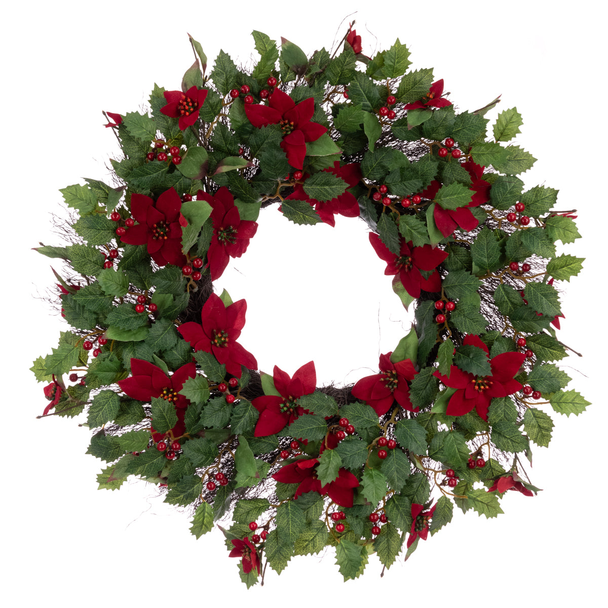 Ruskington Red Poinsettia & Berry Christmas Wreath 60cm