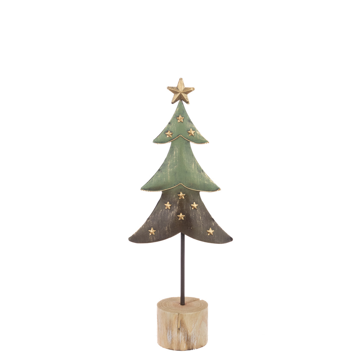 A decorative metal Christmas tree sculpture with a three-tiered green and dark brown tree design, accented with small gold stars, topped with a gold star and mounted on a rustic wood slice base.