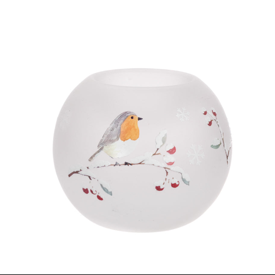 Glass Robin Christmas Candle Holder 8cm