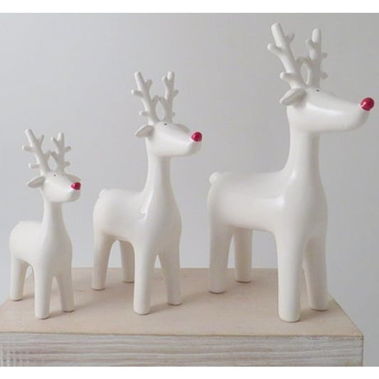 White Ceramic Ceramic Reindeer with Red Noses - 3 Sizes