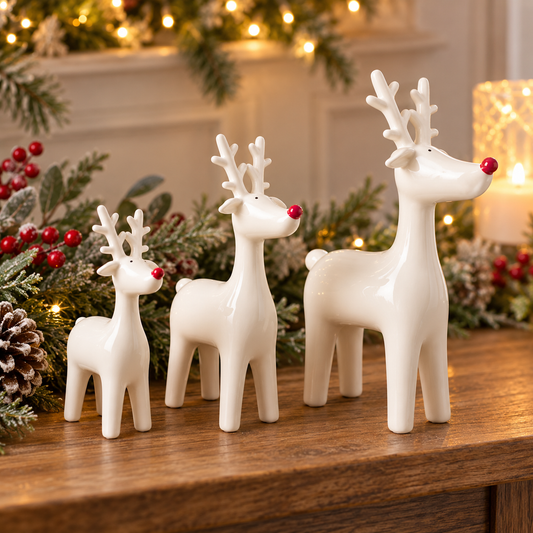 White Ceramic Reindeer with Red Noses - 3 Sizes