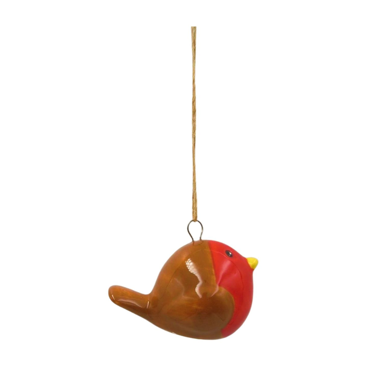 A hanging bird ornament shaped like a robin, with a glossy brown body, bright red chest, small yellow beak, and a thin string for hanging, shown on a plain white background.
