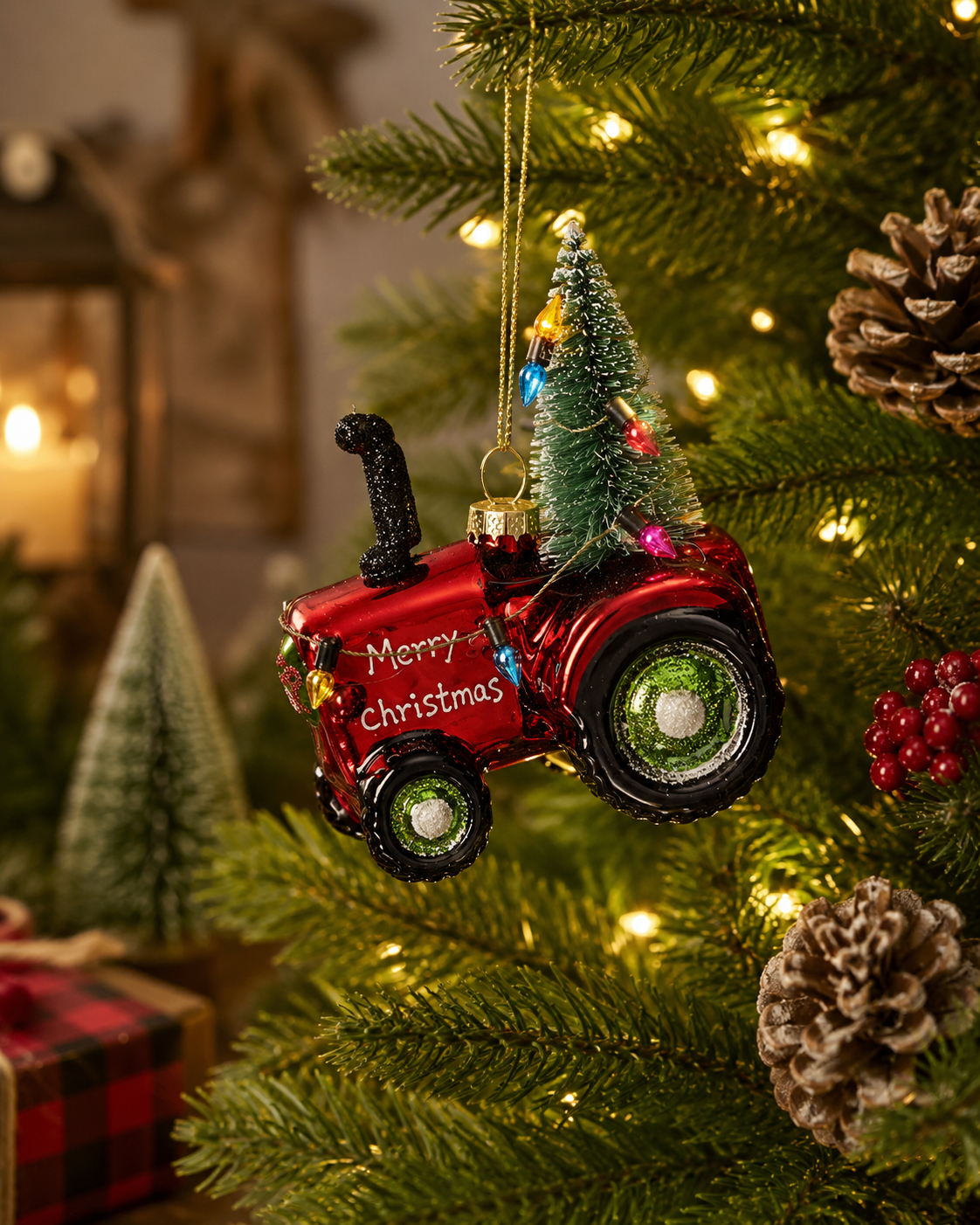 Glass Red Hanging Christmas Tractor