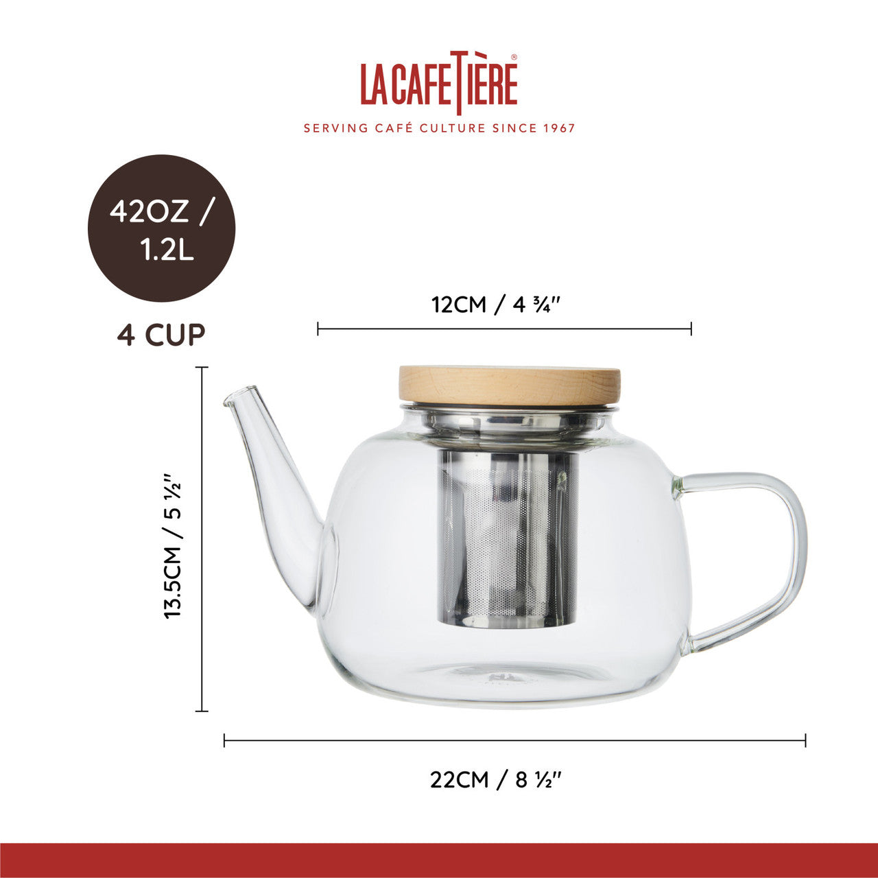La Cafetière Rialto Glass Infuser Teapot With Filter And Wooden Lid, 4 Cup, 1.2L