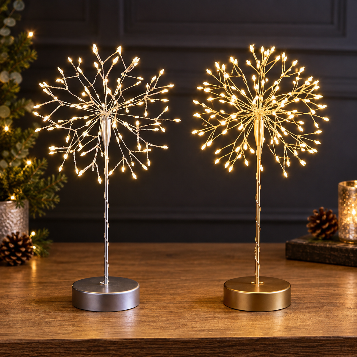 Mini Table Dandelion Battery Light -Silver or Gold – 120 Warm White LEDs