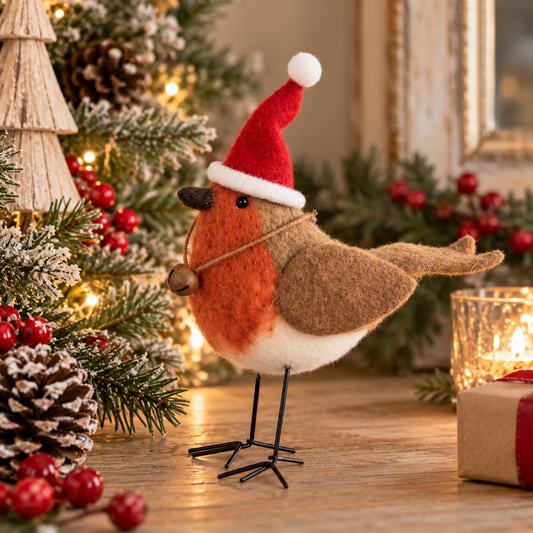 Felt Robin in Santa Hat Christmas Decoration 15cm