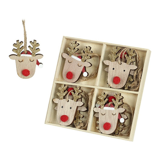 Set of 8 Wooden Reindeer Christmas Tree Decorations
