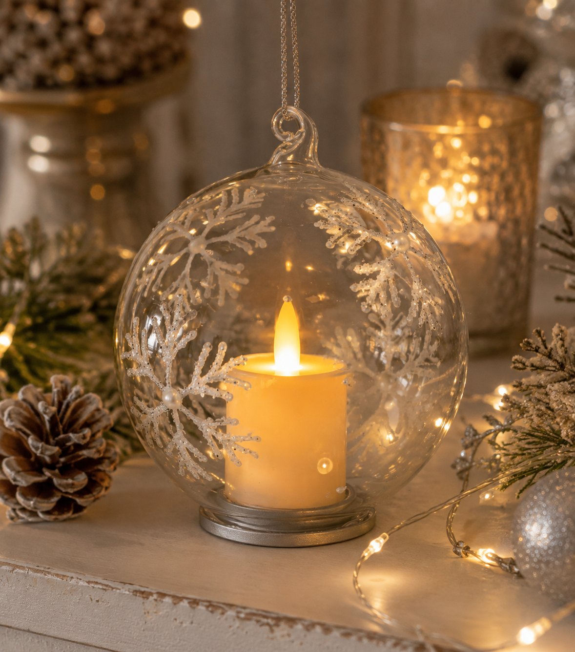 A clear glass Christmas ornament ball with silver snowflake cutouts, containing a lit cream pillar candle, styled on a tabletop with pinecones, evergreen branches, and warm string lights.