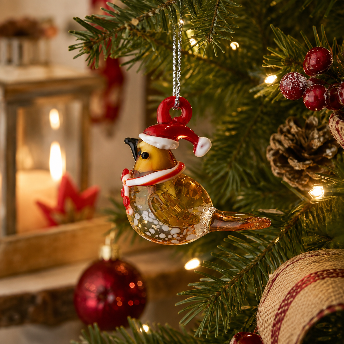 Hanging Glass Bird in Santa Hat Christmas Decoration