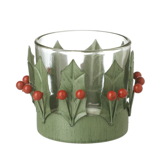 Small Holly And Berry Glass T Light Holder