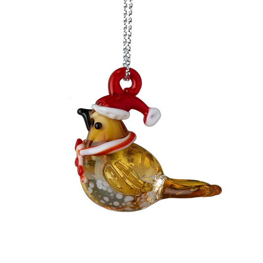 Hanging Glass Bird in Santa Hat Christmas Decoration