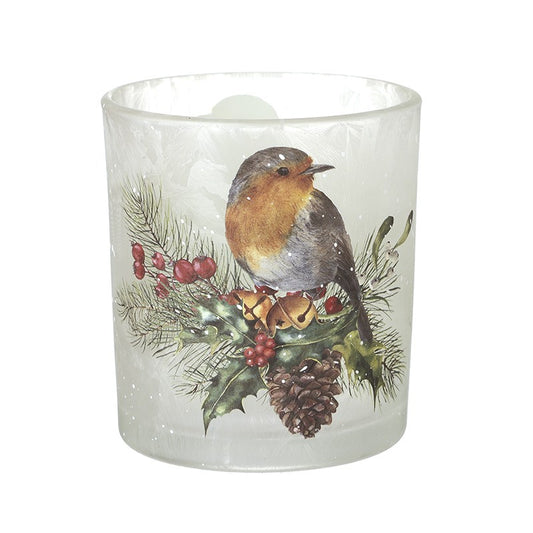 Robin With Festive Holly Berries Pinecone Frosted Glass T-Light Holder