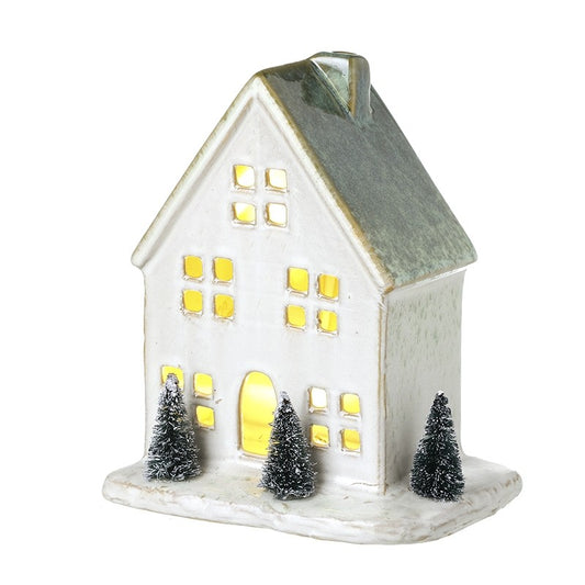 Ceramic LED White House with Christmas Trees