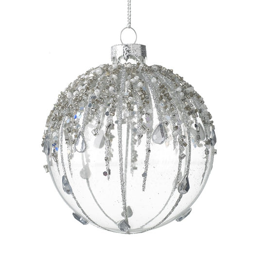 Clear Glass Hanging Bauble with Silver Glitter & Gems