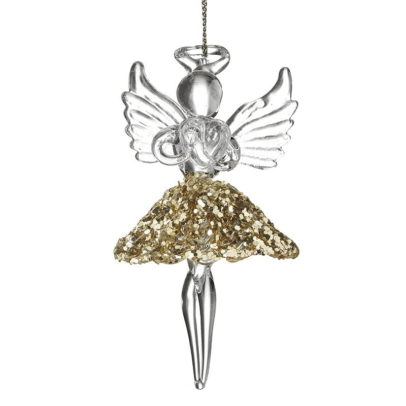 Hanging Glass Angel with Gold Glitter Skirt