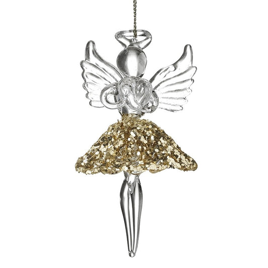 Hanging Glass Angel with Gold Glitter Skirt