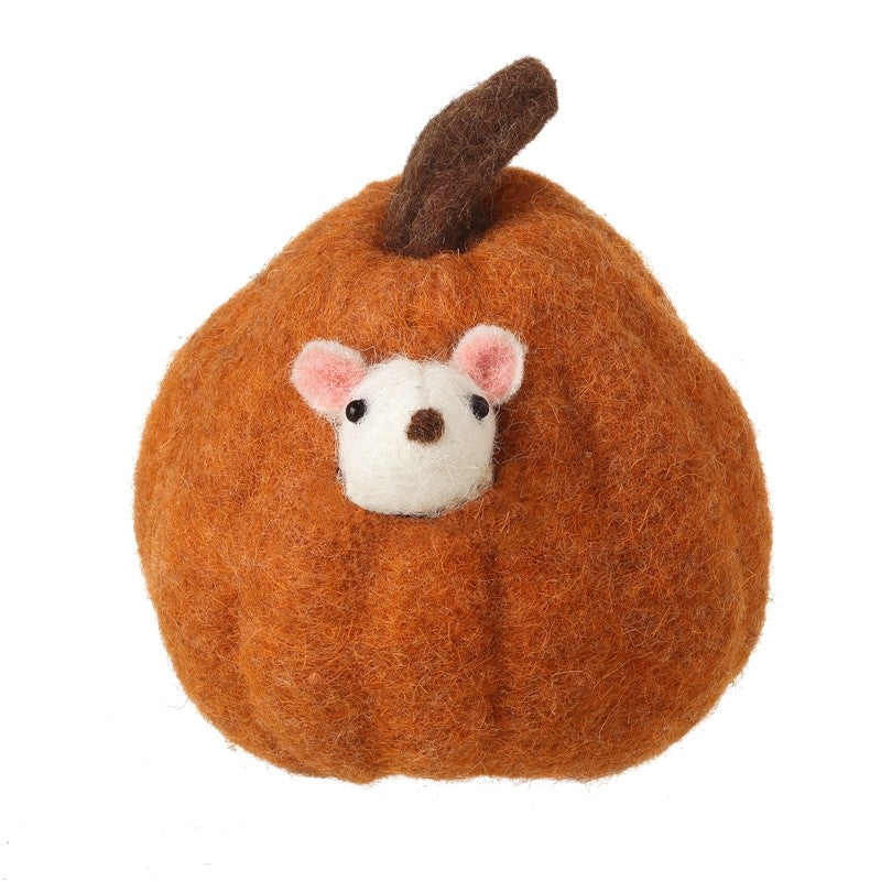 Orange Felt Large Pumpkin With Mice Ornament