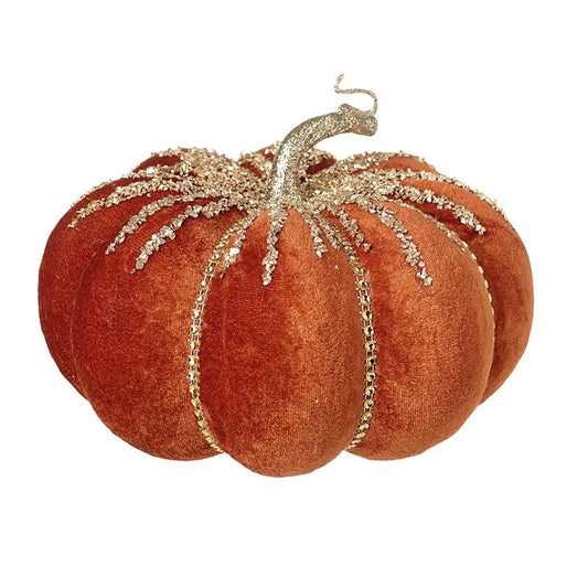 Orange Velvet & Gold Glitter Pumpkin 20cm