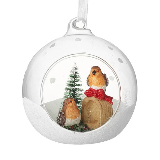 Robins & Christmas Tree In Glass Bauble