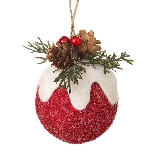 Red and White Felt Christmas Pudding Bauble with Pine Cone and Berries