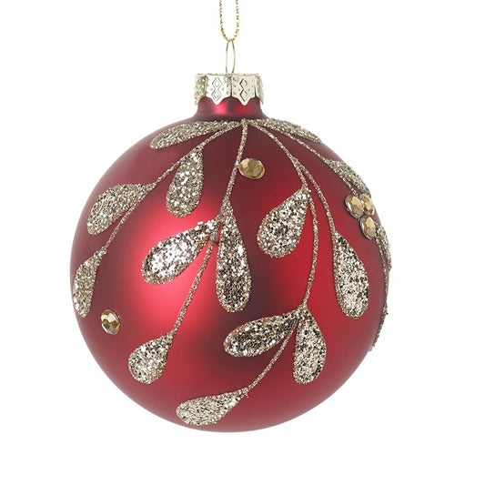 Red Glass Bauble With Silver Leaves