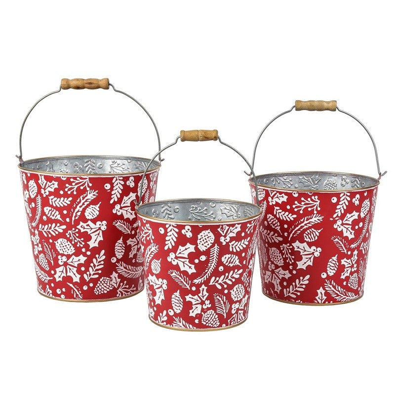 Red Metal Holly Design Bucket Set Of 3