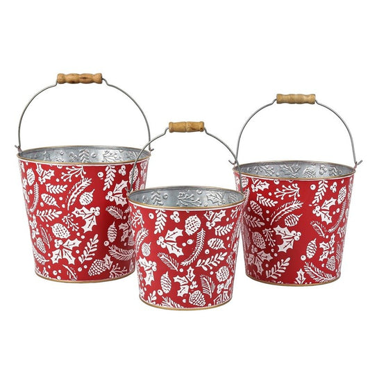 Red Metal Holly Design Bucket Set Of 3