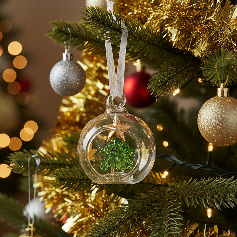 Clear glass ornament with green tree and gold star inside, hanging on a white background