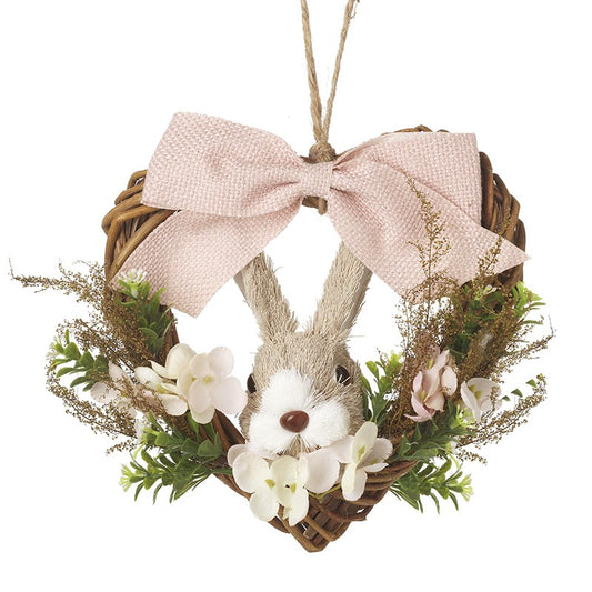 Easter Rabbit Heart Rustic Wicker Wreath With Pink Bow & Flowers