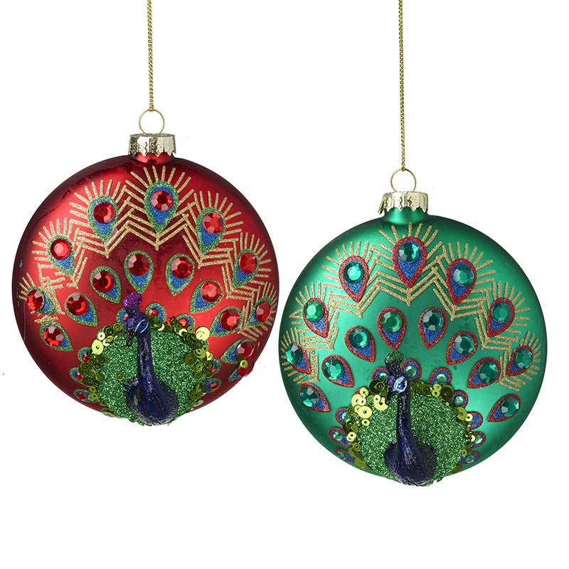 Red and Green Glass Sequin Peacocks Baubles