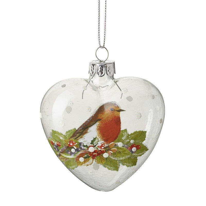 Painted Robin Glass Heart Bauble