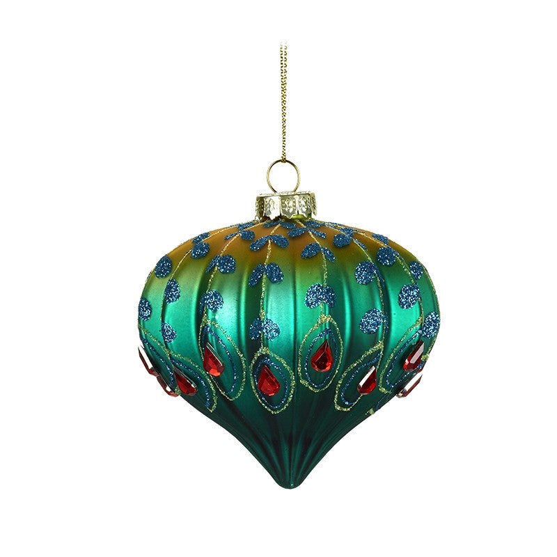 Iridescent Green Bauble With Blue and Red Glitter and Jewels