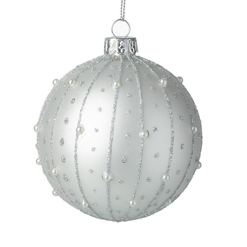Silver Christmas Bauble with Pearls and Glitter Detail