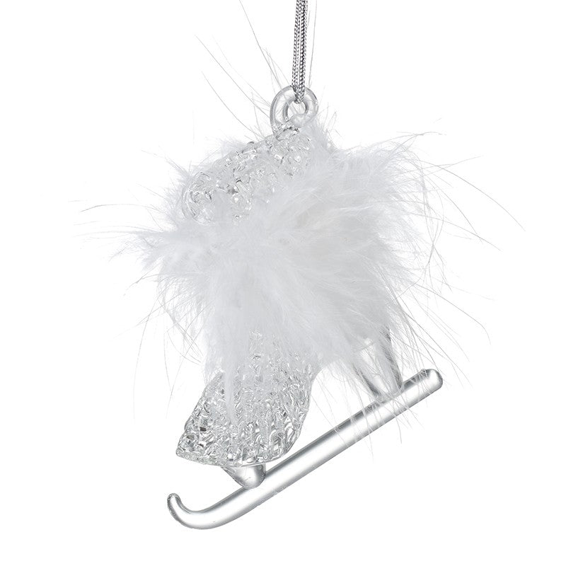 Clear Glass Ice Skate With Feather Christmas Hanging Decoration
