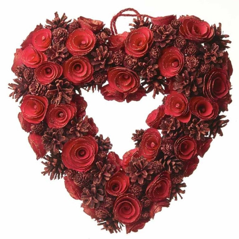 Red Pinecone & Flower Heart Wreath