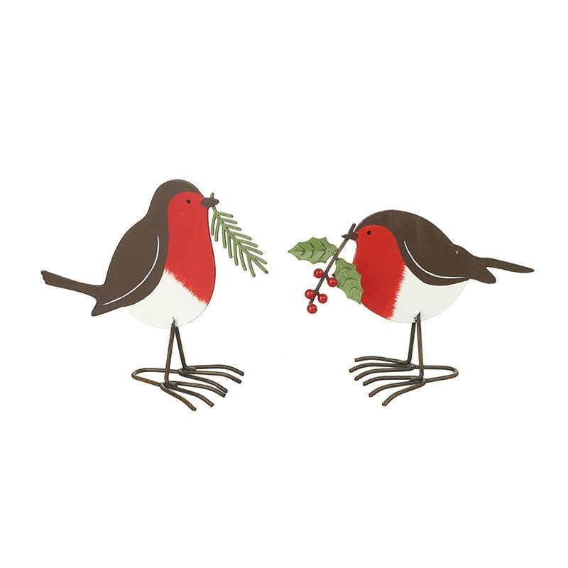 Set of 2 Metal Standing Robin Bird Figure with Holly