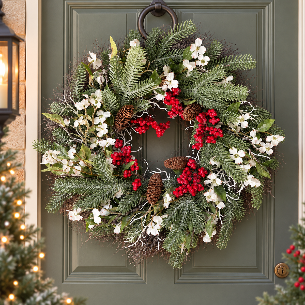 Langham Christmas Wreath 58cm – Frosted Foliage, White Flowers & Red Berries