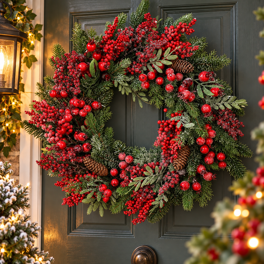 Gisela Graham Spruce Christmas Wreath with Red Berries & Pinecones 54cm